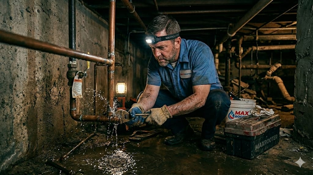 MaxRooter licensed plumber providing fast emergency plumbing repair service at a customer home