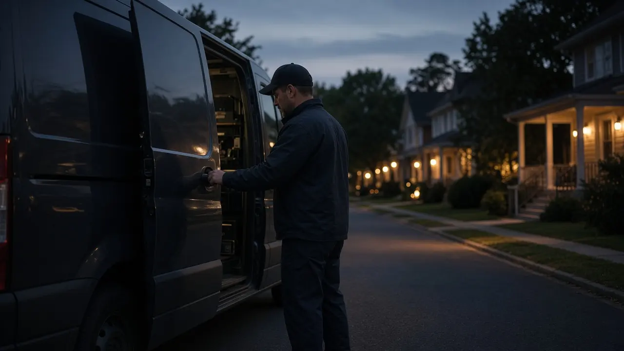MaxRooter network van closing a service call at dusk